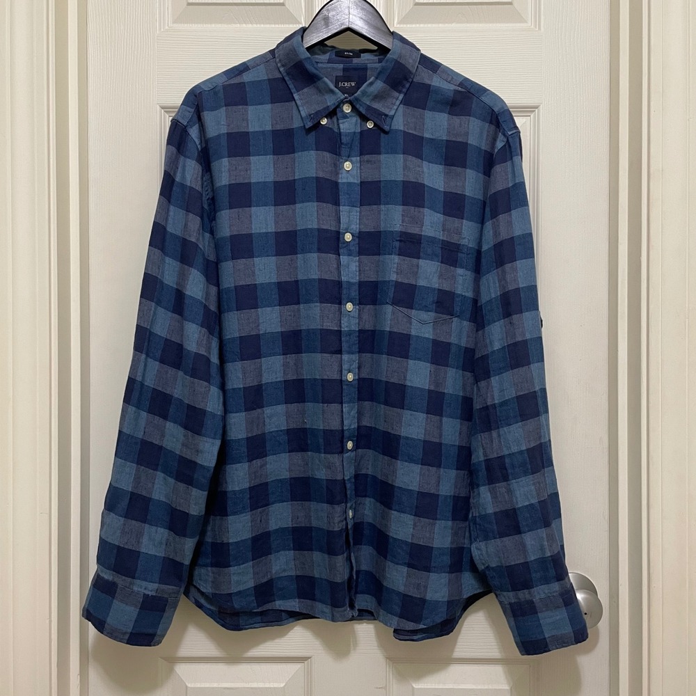 J.Crew‎ Linen Cotton Blend Button Down Plaid Shirt Blue Slim Fit Long Sleeve XL